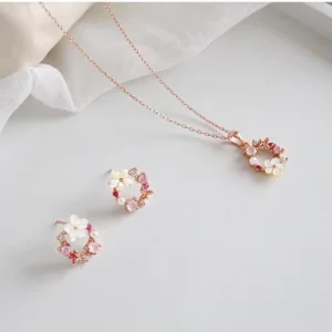 RENSINO Custom Made Charm S925 Silver Gold Plated Korean Simple Artificial Flower Necklace Earrings Bracelet Zircon Wedding Jewelry Set