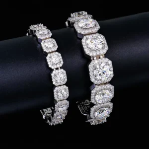 RENSINO Custom Men Hip Hop Jewelry 925 Sterling Silver Iced Out Square Clustered Diamond Mossanite Moissanite Tennis Link Chain Bracelet