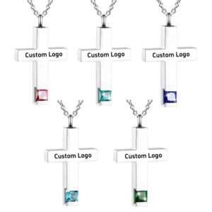 RENSINO Custom Name Stainless Steel Birthstone Cross Pendant Opened Pet Hair Perfume Bottle to Commemorate Loved Ones Urn Ashes Pendant