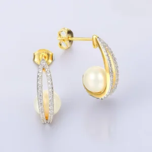 RENSINO Custom Oem Fine Jewelry Freshwater Pearl Earrings 925 Sterling Silver Cubic Zirconia CC Stud Drop Women Earring