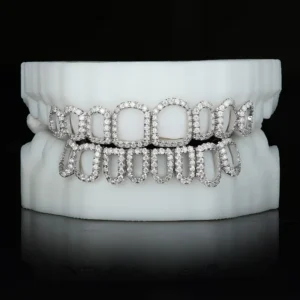 RENSINO Custom Open Face 925 Silver Plating Teeth Grillz With Round Brilliant Cut Diamond Grillz for Moissanite Grillz