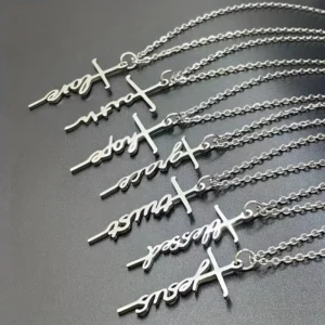 RENSINO Custom Personalised Silver Color Stainless Steel Christian Faith Jesus Cross Letter Pendant Necklace Fashion Necklace for Women