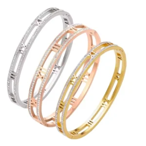 RENSINO Custom Plated 18K Gold Steel Women’s Stainless Steel Double Diamond Encrusted Zircon Roman Digital Bangles for Gift Occasions