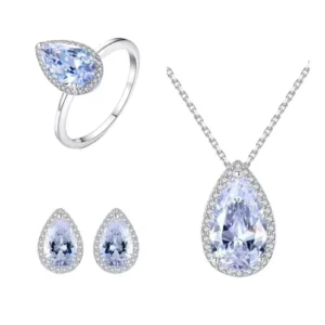 RENSINO Custom Platinum 925 Sterling Silver Blue Zircon Water Drop Pear Shape Jewellery Set