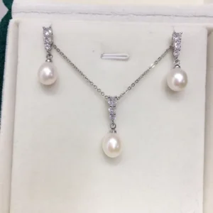 RENSINO Custom Real 925 Sterling Silver Natural Freshwater Pearl Necklace and Earrings Jewelry Set with Zircon