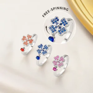 RENSINO Custom Rings Manufacturer S925 Sterling Silver Heart Clover Spinning Ring Women Adjustable Open Color Zirconia Ring
