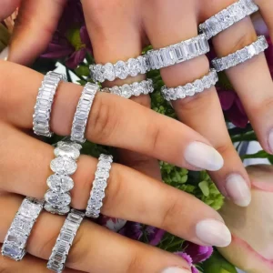RENSINO Custom S925 Silver Princess Round Cut VVS2 D Color Eternity Moissanite Diamond Tennis Ring Hip Hop Style with Certificate