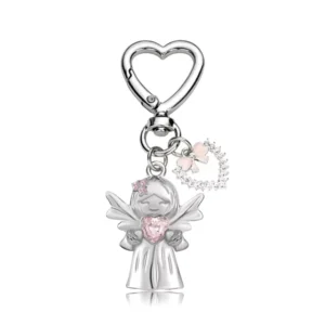 RENSINO Custom Silver Angel Heart Carabiner Keychain Cute Crystal Angel Bag Charm Romantic Gift Zinc Alloy Pendant For Women Girls