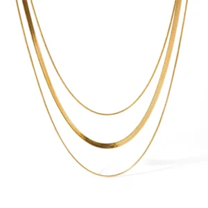 RENSINO Custom Silver Ladies Chunky Gold Plated Double 3 Layer Stainless Steel Minimalist Layered Necklace