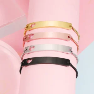 RENSINO Custom Smooth Polished Blank Bent Love Charm Bracelet Carved Stainless Steel Long Bar Bracelet