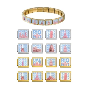 RENSINO Custom Stainless Steel Italian Charm Bracelet Italian Landmark Pattern Charm Chain DIY Women Fashion Bracelet Jewelry Gifts