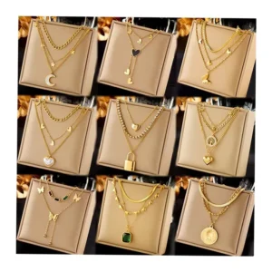 RENSINO Custom Top Quality Stainless Steel 18k Gold Pearl Layered Heart Butterfly Pendant Necklace Women Multilayer Locket Necklace Gift