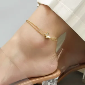 RENSINO Custom Waterproof Foot Jewelry 18k Gold Plated Stainless Steel Butterfly Charm Anklet for Women