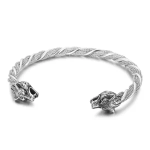 RENSINO Custom Wolf Zodiac Bangle Silver Color Stainless Steel Cable Wire Twisted Cuff Bracelet Bangle for Men