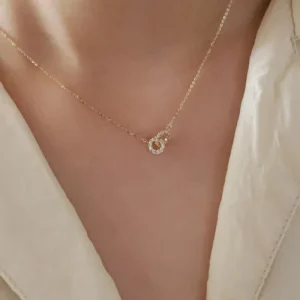 RENSINO Customizable 14K Gold Plated Crystal Rhinestone 925 Silver Double Ring Charms Necklace for Women
