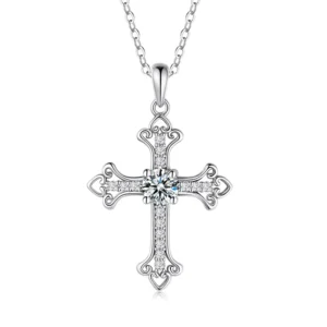 RENSINO Customizable 925 Silver Crucifix Pendant Necklace Gold Plated Cross Chain Shiny Brilliant Cut Moissanite Religious Style for