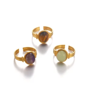 RENSINO Customizable Fashion Stainless Steel Geometric Oval Natural Ring French Retro Style High end Tiger’s Eye Stone Ring