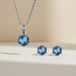 RENSINO Customizable Gold Plated 925 Silver Trendy Hexagon Cut Blue Zircon Necklace Earring Jewelry Set For Party Wedding Gift