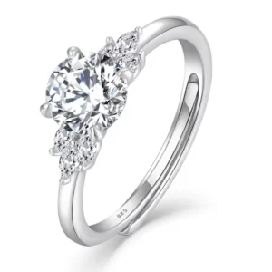 RENSINO Customizable S925 Sterling Silver Adjustable Engagement Ring for Women Fashionable Moissanite Center Stone with Three Stones