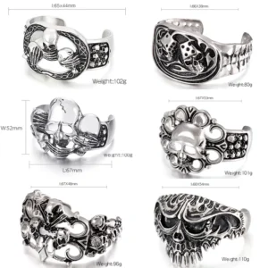 RENSINO Customizable Skull Hollow Out Wide Cuff Bracelet Bold Gothic Stainless Steel Bangle Ready to Ship for Men