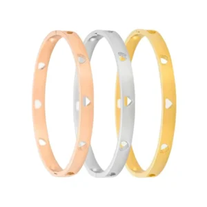 RENSINO Customizable Stainless Steel 18K Gold Plated Crystal Rhinestone Charm Hollow Heart Cuff Bangles for Women