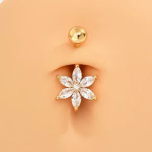 RENSINO Customizable Stainless Steel 316 Body Jewelry Engagement Six-leafed Clover Zircon Gold Plated Navel Ring