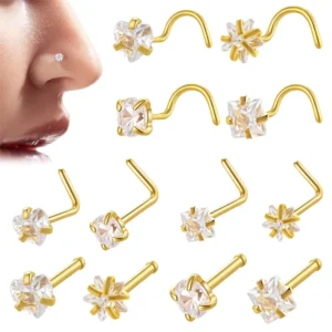 RENSINO Customize Hypoallergenic Stainless Steel Nose Studs 3mm CZ Heart Star Square Round Nose Rings Nostril Piercing Jewelry