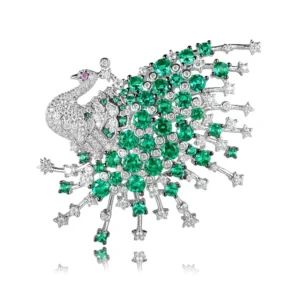 RENSINO Customized Emerald Green CZ Stone Peacock Brooches Jewelry Animal Peacock Flaunting Its Tail Brooches