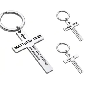 RENSINO Customized Fashion Stainless Steel Crosses with Engraved Scriptures Waterproof Metal Keychain Gift For Her Him