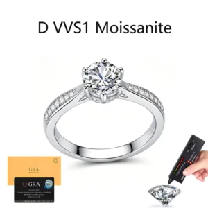 RENSINO Customized Fine Jewelry S925 Sterling Silver 1CT Six Claws Round Moissanite Ring Platinum Plated Ring for Female Nickel Free