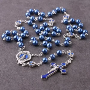 RENSINO Customized Religious Jewelry Items Catholic Virgin Mary Chain Rosary 6mm Blue Glass Pearl Beads Rosario Women Necklaces