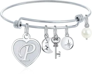 RENSINO Customized Stainless Steel Heart shaped Letter DIY Pendant Bracelet Personalized Key Pearl Spring Buckle Design Women’s Jewelry