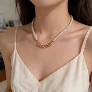 RENSINO Customized Tibetan Silver Link Chain Women’s Freshwater Pearl Charm Necklace Collar Length