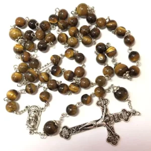 RENSINO Customized tiger Stone Beads Rosary Chaplet Religious Cross Pendant Silver Plating Catholic Beaded Necklace Rosaries