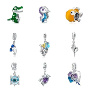 RENSINO Cute Animals Platinum Plated Sterling Silver Charms Cute Enamel Ocean Charms Silver 925