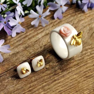 RENSINO Cute Bee Kiss From a Rose Ring Stud Earring 925 Silver Ceramic Jewelry Set for Women