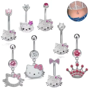 RENSINO Cute Cat Navel Ring Women’s Stainless Steel Piercing Jewelry Zircon Navel Stud Jewelry for Wedding Parties