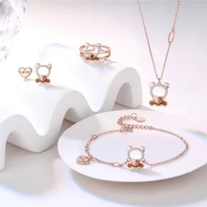 RENSINO Cute Design 4 Piece 925 Sterling Silver Jewelry Set Fashion Bear Pendant for Lover Girl for Engagement Anniversary Zircon