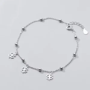 RENSINO Cute Four Leaf Clover Shape Small Round Beaded 925 Sterling Silver Anklets Bracelets Fashion Jewelry for Women