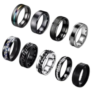 RENSINO Cz Simple Silver Black Gold Zircon Stainless Steel Finger Spinning Band Fashion Chain Fidget Anxiety Jewelry Rings 9 Set for Men