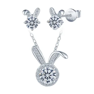 RENSINO D Color VVS1 3 Excellent Moissanite Diamond Necklace with Rabbit Ears 925 Sterling Silver Stud