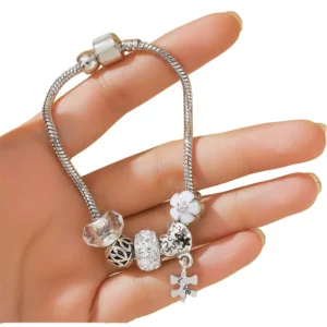 RENSINO DIY Multi Element Silver Plated Alloy Beaded Charm Bracelet Peach Heart Bear Rhinestone Trendy Women’s Fashionable Charm