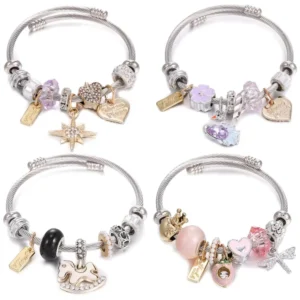 RENSINO DIY Stainless Steel Charm Bracelet Beaded Bangle for Women Girls Swan Star Love Crown Beads Pendant Bracelets Jewelry Gifts