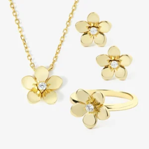RENSINO Dainty 14k Gold Plated CZ Flower Necklace and Earring 925 Sterling Silver Ring Women Jewelry Set