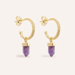 RENSINO Dainty 14k Gold Plated Zircon Open Hoop Drop Earrings 925 Gemstone Crystal Quartz Natural Amethyst Jewelry Earring