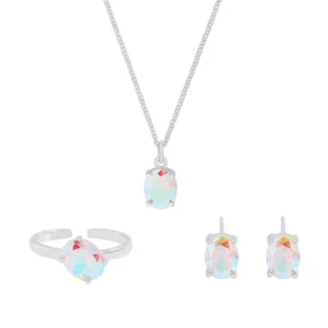 RENSINO Dainty 925 Sterling Silver Geometric Oval Colorful Zircon Necklace and Earring Jewelry Set