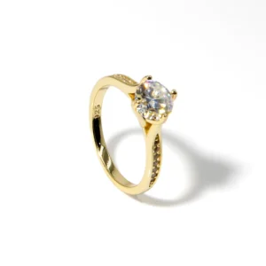 RENSINO Dainty 925 Sterling Silver Gold Plated Round Cut Halo 1.0 CT Solitaire Moissanite Wedding Promise Band Rings