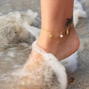 RENSINO Dainty Adjustable Waterproof Boho Beach Anklet Set Evil Eye Pearl Charm Beaded Foot Chain with 18K Gold Silver Plated for Women