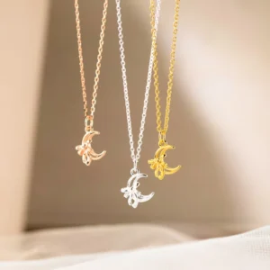 RENSINO Dainty Bowknot Moon Pendant Rose Gold Plated Chain 925 Sterling Silver Necklaces Fashion Jewelry for Women