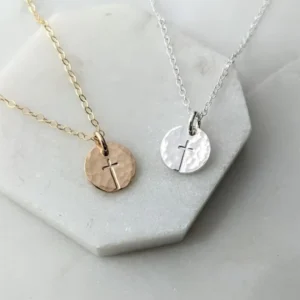 RENSINO Dainty Custom logo Engraveable Jewelry 925 Sterling Silver Cross Stamped Hammered Disc Necklace